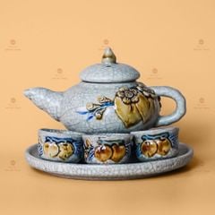 Bộ Ấm 3 Chén Thờ Men Rạn Nổi Họa Tiết Hoa Đào